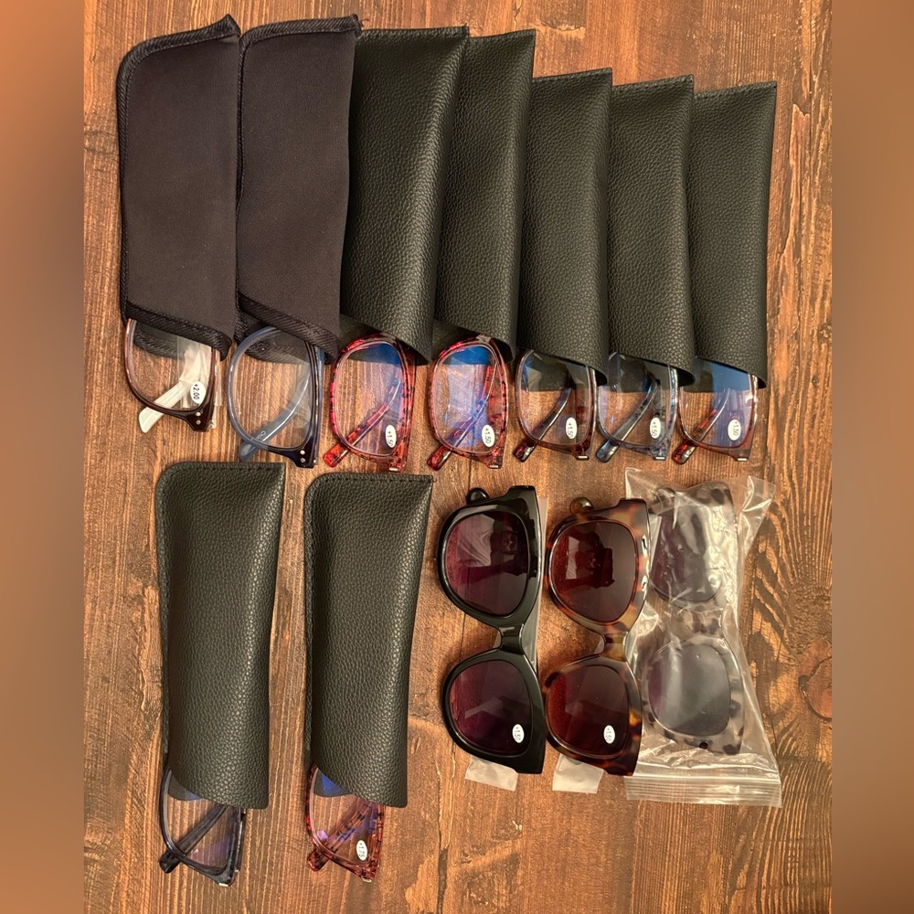 Lot of reading glasses. 5 (+1.5) 3 ( +1.5 shades) 2 (+1.75) and 2 ( +2)
